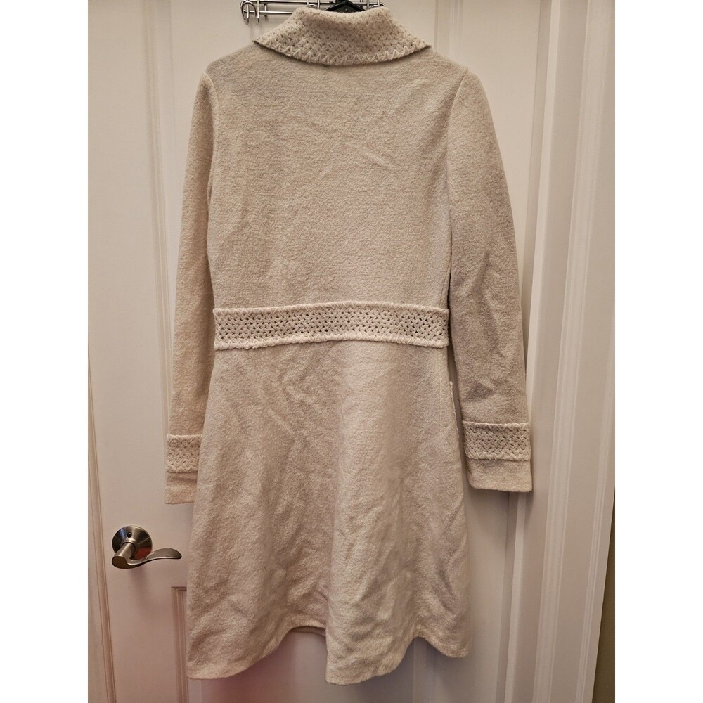 Classiques Entier Jacket M Crochet Button Up 100% Wool Beige Long Holiday Coat - Picture 10 of 10